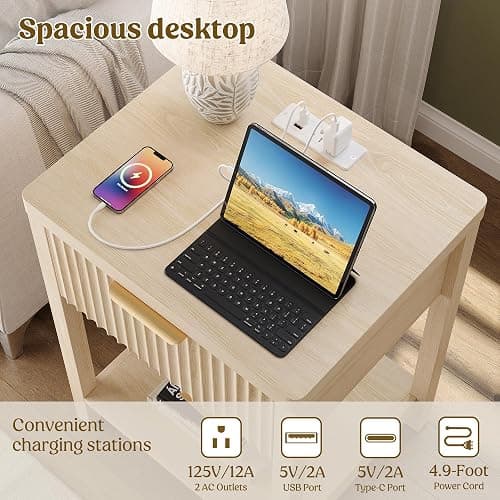 Lulive Fluted Night Stand with Drawers, Fluted Nightstand with Charging Station, Wood Modern Bedside End Table with Storage Drawer for Bedroom, Save Space (Set of 1, Natural Oak) thumbnail 5