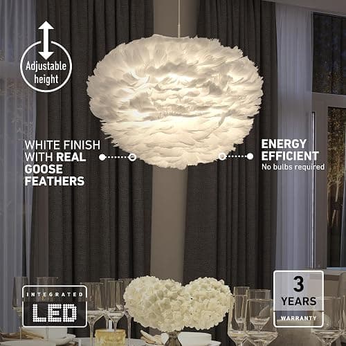 artika Plume 13W LED 20" Diameter Feather Pendant Light Fixture, White - Ideal for Bedrrom, Dinning Room, Entry Room, 1000 Lumens, Warm White, Romantic Decor thumbnail 5