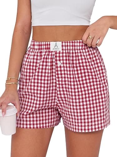 ANRABESS Boxer Shorts for Women Gingham Pajama 2025 Summer Casual Lounge Sleep Plaid Shorts Y2K Beach Bottoms - Red White Plaid - Large - Image 1