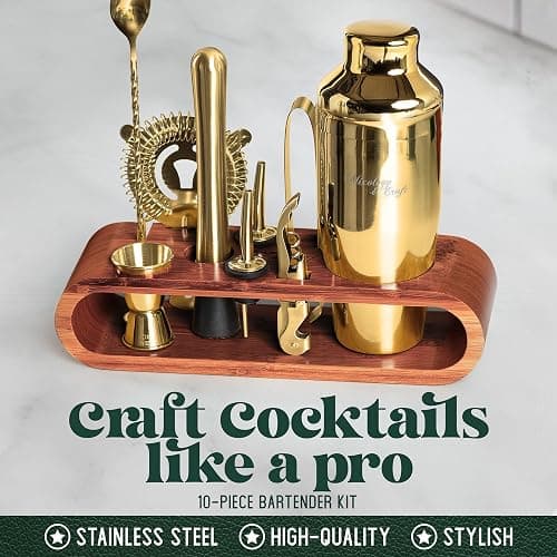 Mixology Bartender Kit: 10-Piece Bar Tool Set with Mahogany Stand | Perfect Home Bartending Kit and Martini Cocktail Shaker Set For a Perfect Drink Mixing Experience | Fun Housewarming Gift (Gold) - Gold thumbnail 2
