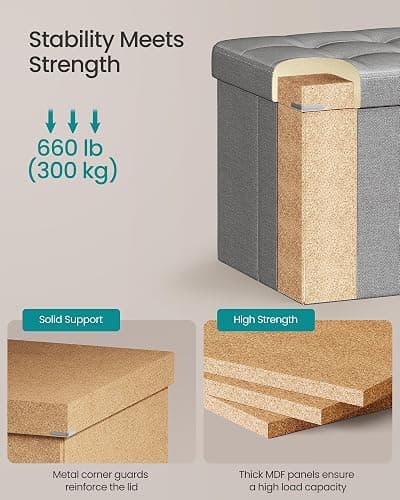 SONGMICS MAZIE Collection - 30 Inches Folding Storage Ottoman Bench, Ottoman Foot Rest, End of Bed Bench, Storage Chest, Load 660 lb, for Living Room, Bedroom, Entryway, Light Gray ULSF47G thumbnail 5