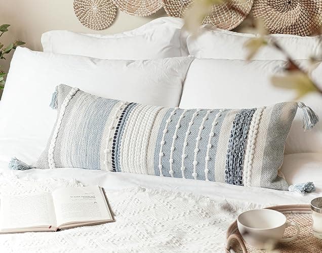 BlissBlush Coastal Blue Decorative Lumbar Pillow Cover 14x36 Boho Long Body Pillow for Bed Farmhouse Lumbar Throw Pillow for Couch Modern Accent Textured Throw Pillowcase thumbnail 2