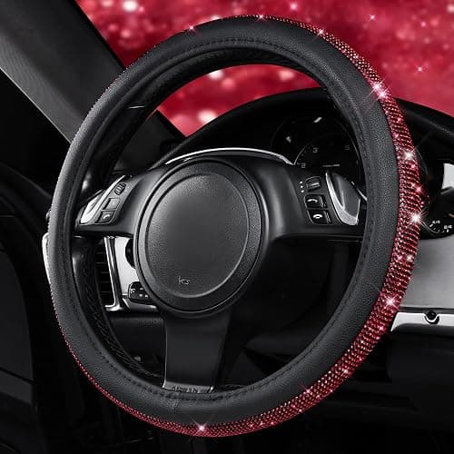 CAR PASS Red Diamond Black Leather Steering Wheel Cover, with Bling Crystal Rhinestones Universal Fit 14" 1/2-15" Crystal Glitter for Women Sparkle Girl Fit Suvs,Vans,Sedans,Cars,Trucks, Red Diamond thumbnail 4
