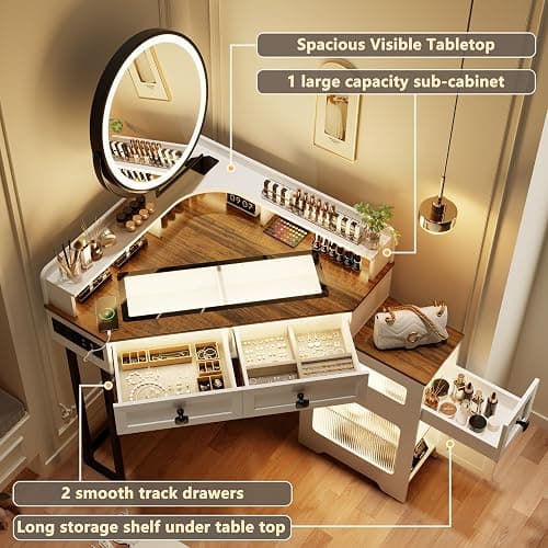 FREDEES Corner Vanity with Mirror and Lights,Modern Makeup Vanity Set with Charging Station for Bedroom/Cloakroom,Glass Top Vanity Table with Drawers and Shelves,White thumbnail 7