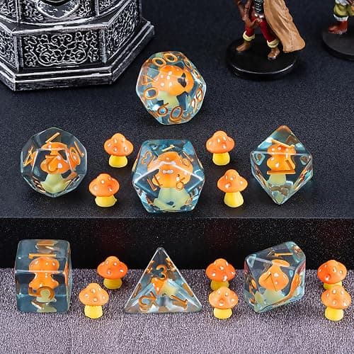 Mushroom Resin Dice Set,Polyhedral Dice Yellow Mushroom Inclusion Dice,RPG D&D Dice Set for Dungeons and Dragons MTG RPG Role Playing Games thumbnail 5