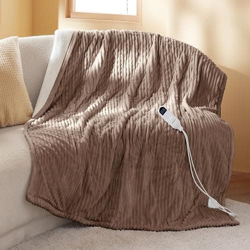 Bedsure GentleSoft Heated Blanket Throw - Soft Ribbed Flannel Electric Blanket, Heating with 4 Time Settings, 6 Heat Settings, and 3 hrs Timer Auto Shut Off, Gifts for Grandma (50x60 inches, Brown) - Image 1