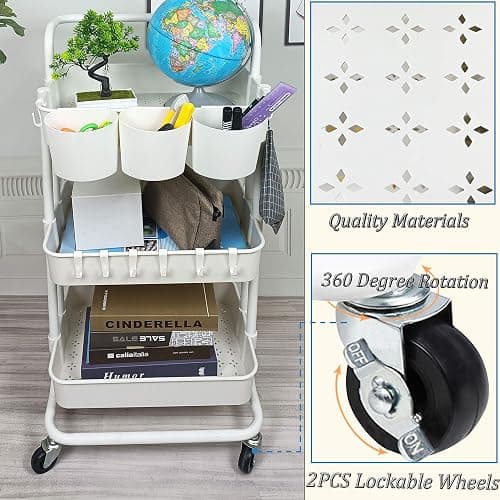 Freletry 3 Tier Rolling Utility Cart Multifunction Storage Organizer Shelf Rack with Lockable Wheels 3PCS Cups and 8PCS Hooks for Home Office Kitchen Bathroom Store (White) thumbnail 5