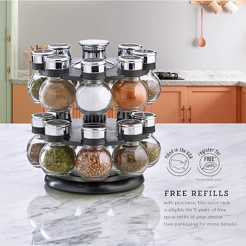 Kamenstein 16 Jar Ellington Revolving Countertop Spice Rack with Lift & Pour Caps and Spices Included, FREE Spice Refills for 5 Years: Black and Chrome thumbnail 6
