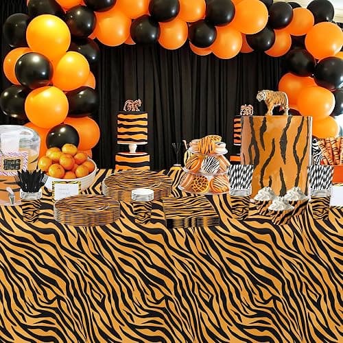 Xenorik Tiger Print Birthday Party Supplies Decorations Tableware Serves 24 | Safari Jungle Texture Theme Tiger Animal Print Party Decorations, Disposable Paper Plate, Cup, Napkin, Cutlery, Tablecloth thumbnail 6