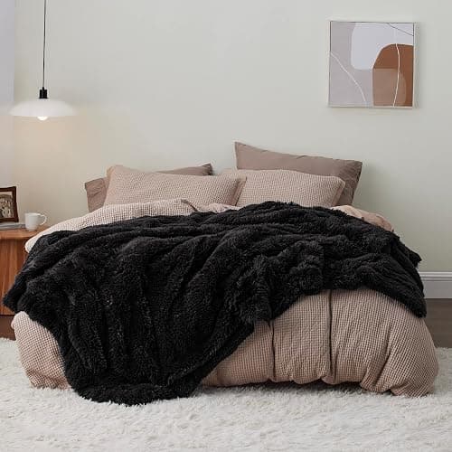 Bedsure GentleSoft Fluffy Black Blankets Queen Size for Bed, Thick Sherpa Faux Fur Fleece Fuzzy Plush Winter Warm Soft Full Queen Blankets, Bedroom Decor Black Gifts Cozy Gifts for Women Men, 90x90 thumbnail 8