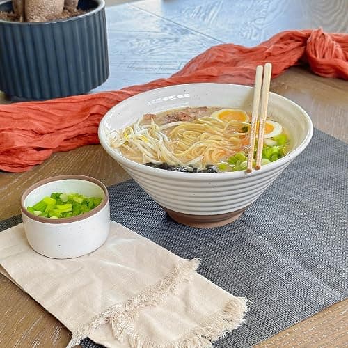 Mora Ceramic Ramen Bowl Set of 2, 45oz - Great for Pho, Miso Udon Soup, Instant Noodles, Serving, Thai or Asian Food - Microwave Safe Large Japanese Noodle Bowls, Modern Kitchen - Vanilla White thumbnail 2