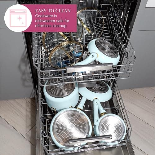 Paris Hilton Epic Nonstick Pots and Pans Set, Multi-layer Nonstick Coating, Tempered Glass Lids, Soft Touch, Stay Cool Handles, Made without PFOA, Dishwasher Safe Cookware Set, 12-Piece, Aqua thumbnail 6