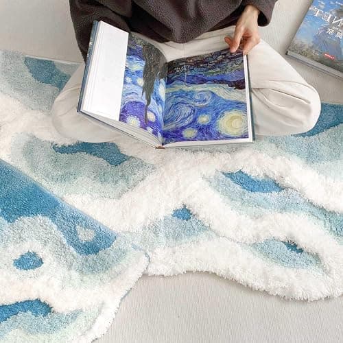 ZSHIFANG Soft Shag 3D Stereo Wave Moss Bedside Rug 20"×36" Cute Navy Blue Runner Rug Non Slip Washable Bathroom Rugs Bath Mats for Bedroom Bathroom Hallway Home Decor Indoor Doormat Shower Mat thumbnail 3