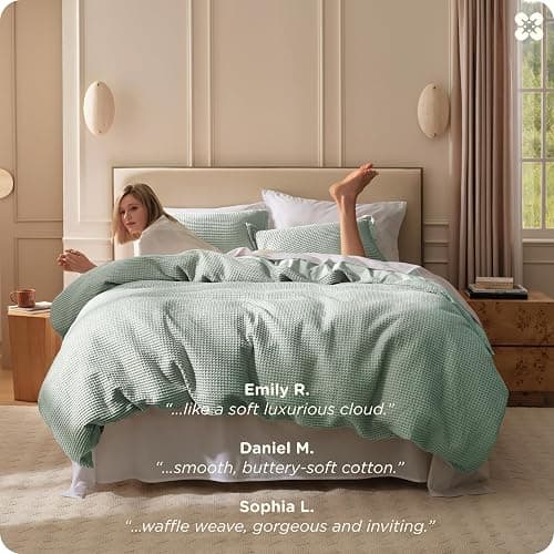 Bedsure Cotton Duvet Cover Queen - 100% Cotton Waffle Weave Sage Green Duvet Cover Queen Size, GentleSoft™ and Breathable Bedding Set for All Season, 3 Pieces, 90"x90" thumbnail 6