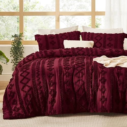 Bedsure Tufted Boho Comforter Set Queen Size - Burgundy Boho Bed Set, GentleSoft™ 3 Pieces Farmhouse Shabby Chic Embroidery Bedding, Gifts for Woman, Soft Jacquard Queen Comforter for All Seasons thumbnail 8