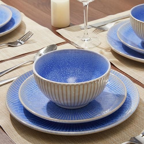 Pokini Ceramic Dinnerware Sets, Handmade Reactive Glaze Plates and Bowls Sets, Highly Chip and Crack Resistant Dish Set, Distinctive Granulated Surface Dishwasher & Microwave Safe Service for 4 thumbnail 2