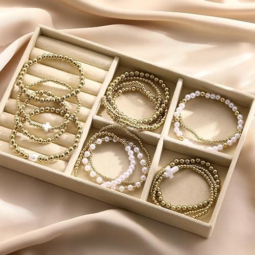 Pls Back 16 PCS Gold Bead Pearl Bracelet for Women, Gold Plated Beaded Strand Bead Ball Bracelets stack Adjustable Jewelry Set for Gifts thumbnail 5