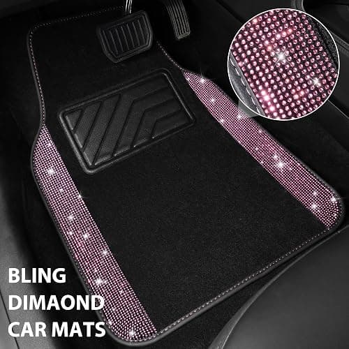 CAR PASS Bling Diamond Car Floor Mat Shining Rhinestones Carpet, Sparkly Glitter Crystal Anti-Slip PVC Heel Pad Automotive Universal Fit for SUV Sedan Car Van, 4pcs for Girl Cute Women, Black Pink thumbnail 2