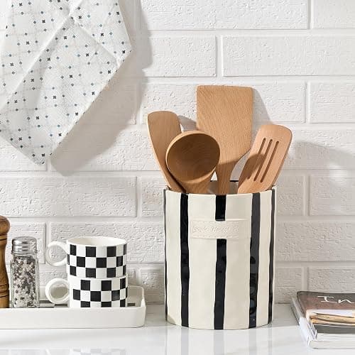 JIEMEI HOME Kitchen Utensil Holder, 7.2" Ceramic Stable Utensil Crock for Countertop, Modern Minimalism Style Cooking Tool Organizer with Cork Mat, Spatula Holder For Kitchen Decor, Black stripes thumbnail 3