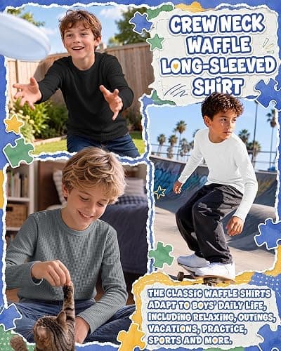 Hyggeweir 3 Pack Boys Long Sleeve Waffle Shirts | Teen Boys, Solid Tops, Crew Neck, Loose, Fall Thermal Tees, Layering, Back to School, Aged 5-14 Years, Kids thumbnail 4