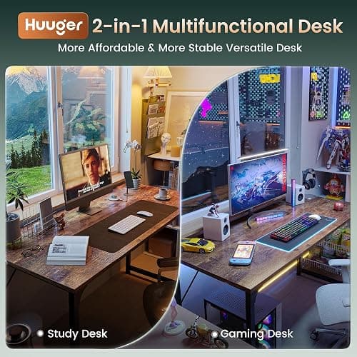 Huuger Computer Desk, 55 Inch Home Office Desk, Gaming Writing Work from Home Study Desk, Large Legroom, Sturdy Metal Frame, Modern Simple, Rustic Brown thumbnail 3