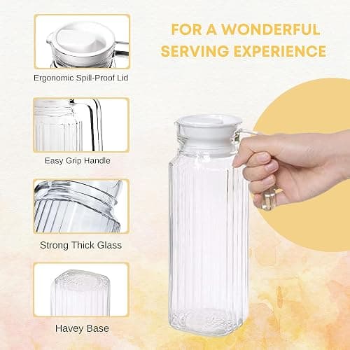 HOMESHOPA Glass Water Jug with Lid, 2 Pack 1.1L Water Pitcher Glass Carafe Jug for Hot/Cold Water Ice Tea Coffee Milk & Juice Beverage, Transparent Glass Fridge Door Water Jug with Spout and Handle thumbnail 4