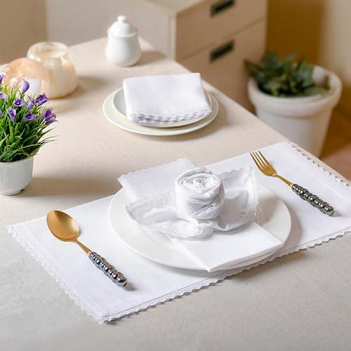 FINGERCRAFT Lace Cloth Napkins, 100% Cotton, 12 Pack, 20x20 Inch, White | Premium Crochet lace, mitered Corners, Pre-Shrunk, absorbent, suits everyday use, farmhouse, weddings, Christmas dinner thumbnail 6
