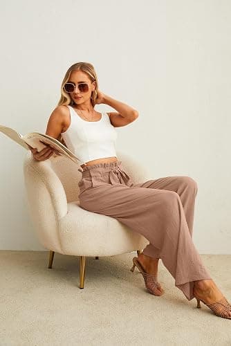 IWOLLENCE Women High Waist Palazzo Pants, Adjustable Knot Ankle Wide Leg Trousers Pockets Beach Vacation Lounge Office thumbnail 6