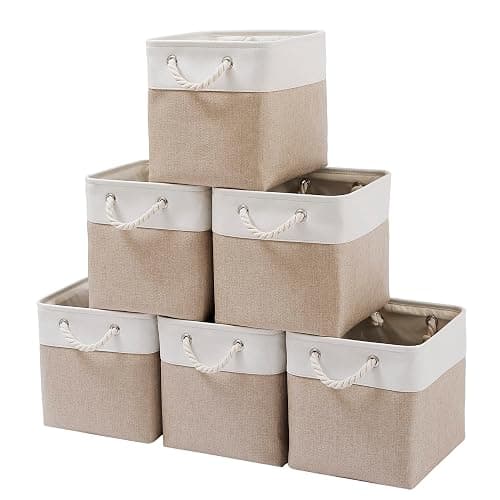MidmmVick 11 x 11 Inch Cube Storage Bins, 6 Pack Large Collapsible Fabric Storage Bin with Ropes, Foldable Storage Cubes for Home, Office,Closet, Clothes, Toys Organizer (White & Beige-11"x11"x11") - Image 1