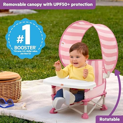 Bright Starts Pop 'N Sit Cabana Baby Beach Portable Booster Chair with UPF Canopy, Floor Seat for Indoor/Outdoor Use, Compact Fold, Pink, 6 Months–3 Years thumbnail 3