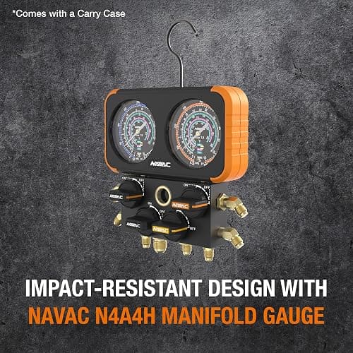 NAVAC N4A4H 4-Valve HVAC Manifold Gauge with Hoses - Class 1.0 Accuracy | Impact-resistant 4-valve HVAC manifold with hoses, aluminum body, rubber cover and an easy-to-read analog display. thumbnail 2