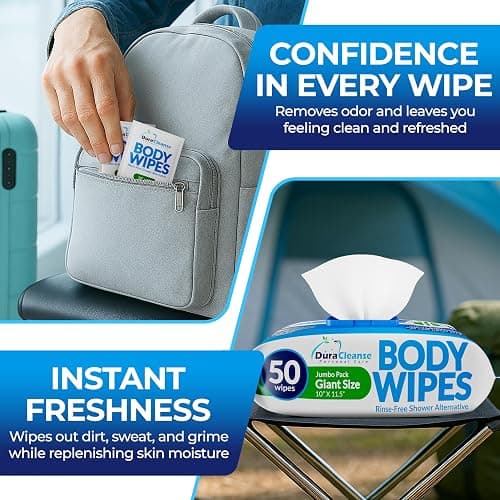 Dura Cleanse Body Wipes for Adults No Rinse Bathing (2 Pack) 100 XL Shower Cloths + 8 Travel Sheets – 10" x 11.5" Thick Disposable Washcloths for Camping & Elderly Care thumbnail 6