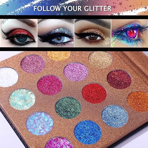 UCANBE Pro Glitter Eyeshadow Palette - Professional 16 Colors - Chunky & Fine Pressed Glitter Eye Shadow Powder Makeup Pallet Highly Pigmented Ultra Shimmer for Face Body thumbnail 2