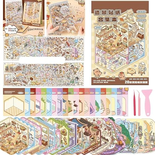 TIYIMIYUXU 20 3D Sticker Scene Set,Scene Stickers Therapy for Adults, Vivid Isometric House 3D Space DIY Sticker Book,Fun Cute Cartoon Stickers,Mini Scenes Relieve Stress - Image 1