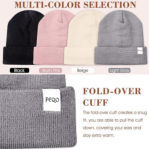 FEQO 4 Pack Satin Lined Winter Beanie Hats Soft Silk Lined Beanies | Knit Cuffed Beanies Warm Winter Beanies, Soft Knit Caps with Satin Lined Ski Hats, Cozy Cuffed Skull Caps for Men and Women thumbnail 5