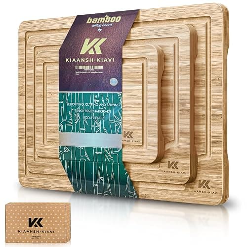Kiaansh-Kiavi Wood Cutting Boards for Kitchen-Bamboo Cutting Board Set of 3, with Juice Grooves, Thick Chopping Board handles., Large, Natural - Image 1