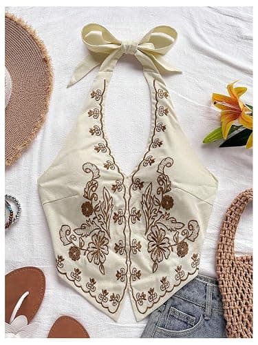 OYOANGLE Women's Summer Boho Halter Tops Western Tops Country Concert Tops | Halter,Embroidery,Backless,Bandana Top,Country Concert Outfits for Women,Festival,Vintage Tank Top thumbnail 6
