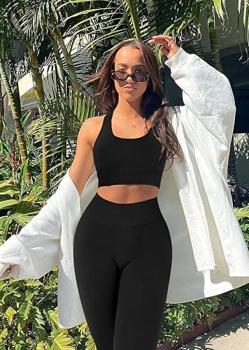 OLCHEE Womens Workout Sets 2 Piece Racerback Sports Bra High Waist Leggings | Seamless Gym Set, Yoga Pilates Outfit, Matching Athletic Clothing, Activewear, Scoop Neck, Padded, High Waist thumbnail 2