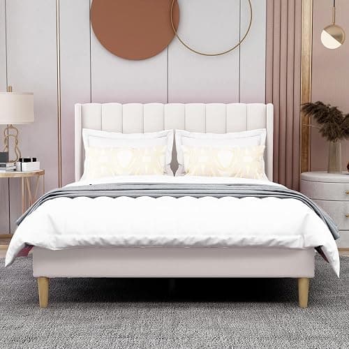 AGARTT Upholstered Platform Bed Frame Full Size with Headboard and Footboard/Wooden Slats Support/No Box Spring Needed/Easy Assembly,Beige Velvet thumbnail 3