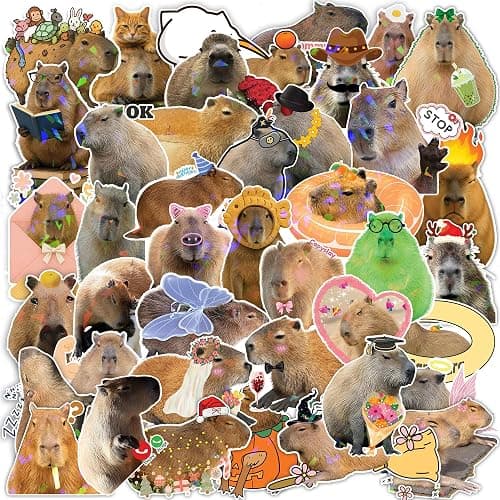 Capybara Stickers, 108 PCS Funny Vinyl Waterproof, Meme Animals Holographic Decals Stickers for Laptop, Water Bottles, Capy Birthday Decorations, Gifts for Capybara Lover - Image 1