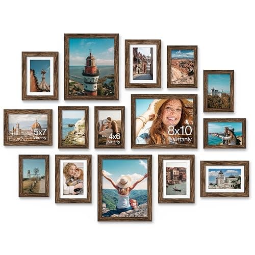 Vittanly 15 Pack Picture Frames Collage Wall Decor, Wall/Tabletop Display | Brown, Multi-Size Gallery Wall Frame Set: 3pcs 8x10, 6pcs 5x7, 6pcs 4x6. Picture Frame Set for Family - Image 1