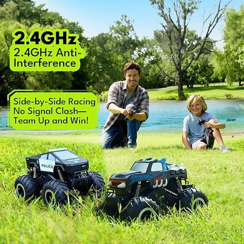 GoBang 1:16 Amphibious Cyber Police Car Monster Truck Toys Remote Control Car Waterproof Rc Cars 4WD All Terrain Off-Road Trucks for 6 7 8 9 10 11 12 Year Old Boys Girls Gifts Presents thumbnail 6
