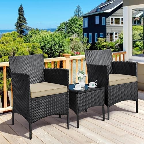 Yaheetech 3 Pieces Patio Conversation Set, Outdoor Rattan Bistro Furniture, 2 Chairs with Cushions & 1 Side Table for Bistro/Porch/Garden/Deck/Courtyard, Black/Khaki thumbnail 2