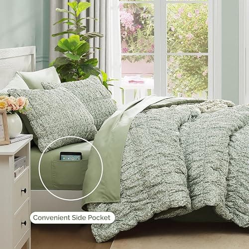 BLOOMHAVEN Twin XL Size Comforter Sets-5 Pieces Puff Sage Green Floral Bedding Set for All Seasons, Shabby Chic Farmhouse Bed in a Bag Twin XL with Floral Comforter, Sheets, Pillowcases & Shams thumbnail 4