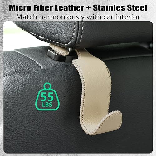 Car Seat Headrest Hook 55lb Heavy Duty Metal Hanger with Leather for Bags | Universal Fit car SUV Truck, Premium Microfiber Leather, Metal Core, Hang Purses Groceries Handbag Backpack, 2 Pack Beige thumbnail 5