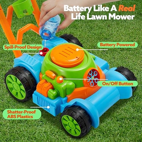 SLOOSH Bubble Lawn Mower Toddler Toys - Pretend Play Bubble Blower Machine Gardening Toy Leak-Proof for Indoor Outdoor Use, Push Toys Preschool Baby Boys Kids Halloween Birthday Gifts (Blue) thumbnail 4