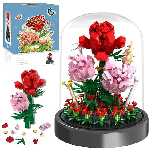 QIFUN Flower Bouquet Building Kit, 524 Pcs Mini Bricks Building Blocks Sets, Forever Rose Decorated Flower with Dust Cover, Valentine's Day Gifts for Her Mom Women (Rose Flower) - Rose Flower - Image 1