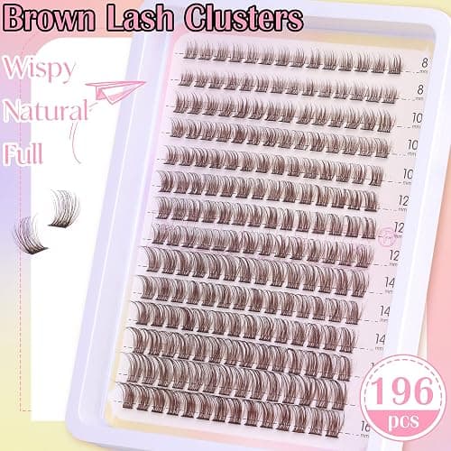 Brown Lash Clusters Wispy Natural Eyelash Clusters Eyelash Extensions 196pcs D-Curly DIY Individual Lashes Extensions thumbnail 4