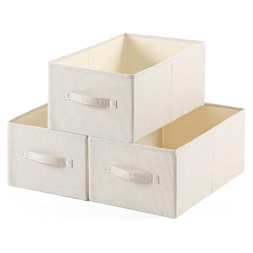 Linen Folding Storage Bins, 3 Pack Large Storage Baskets, Washable, Clothing Storage Bins with Handle, Closet Organizer for Storage Sweater,Sheets(Beige, 18½"x11" x8½") - Image 1