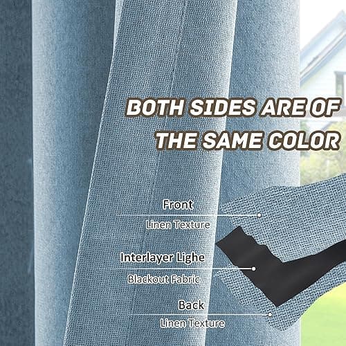 100% Blackout Linen Textured Curtains for Living Room, Bedroom, Light Weight Curtains with Grommets Top, Full Blackout Curtains Privacy Protection, Light Blue, 52" W x 95" L, 2 Panels thumbnail 6